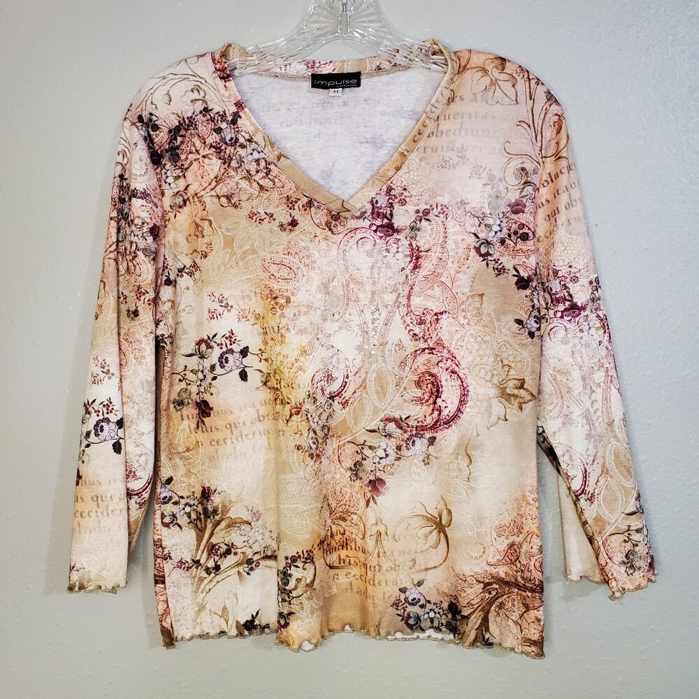 Impulse Floral V-neck Embellishment Top Women's Blouse Size Medium